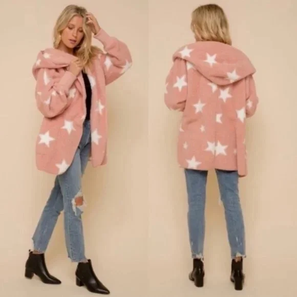 017 Cozy Star Print Teddy oversized hoodie Jacket - Picture 6 of 11